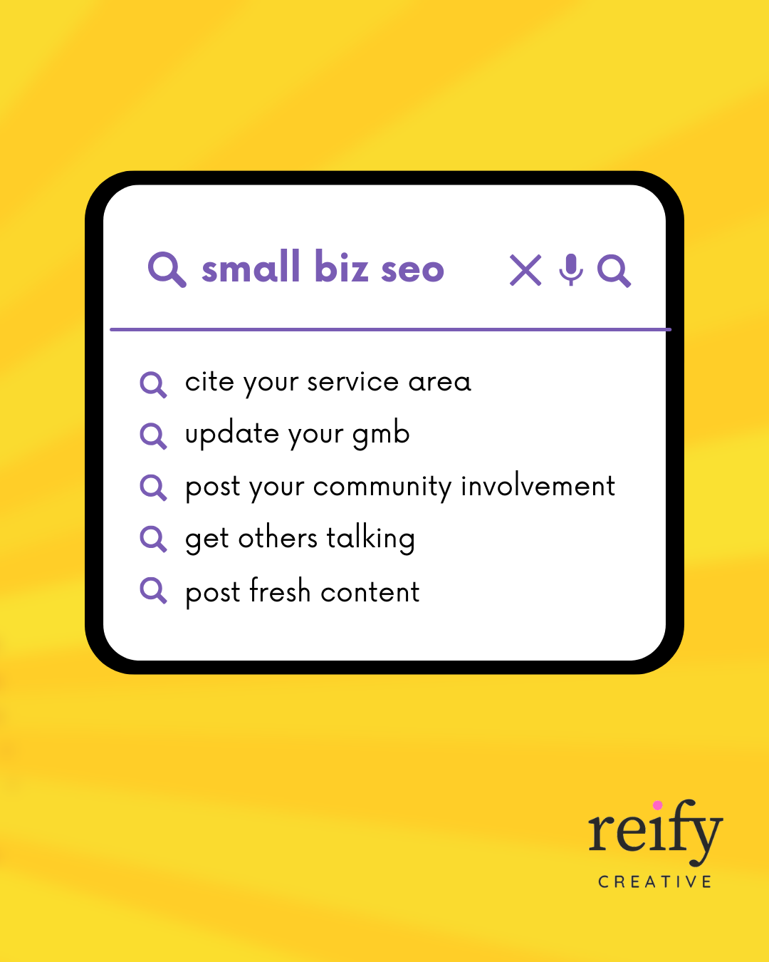 A search bar showing a few SEO tips for small businesses