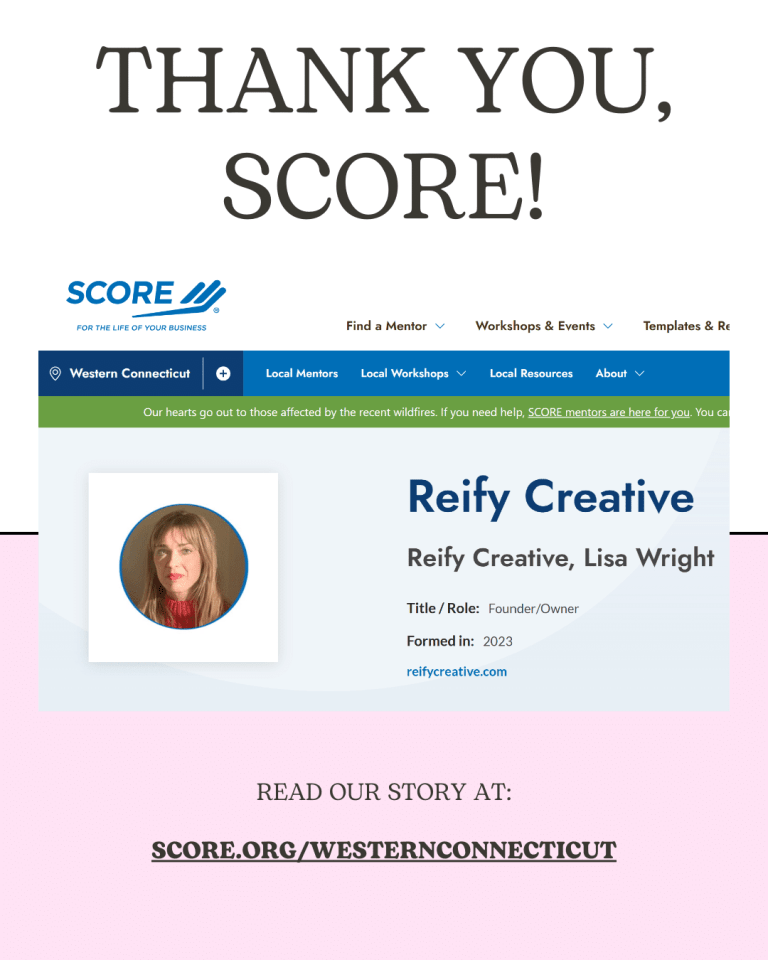 Screenshot of feature article about Reify Creative on the SCORE Western CT website